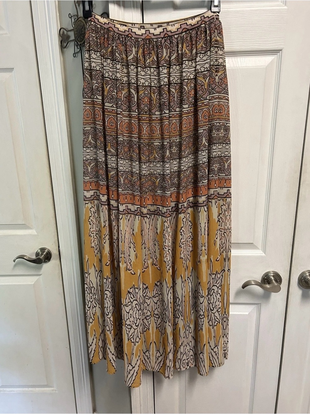 Vici Boho Print Maxi Skirt in Mustard and Cream Chiffon Artsy Festival Fun